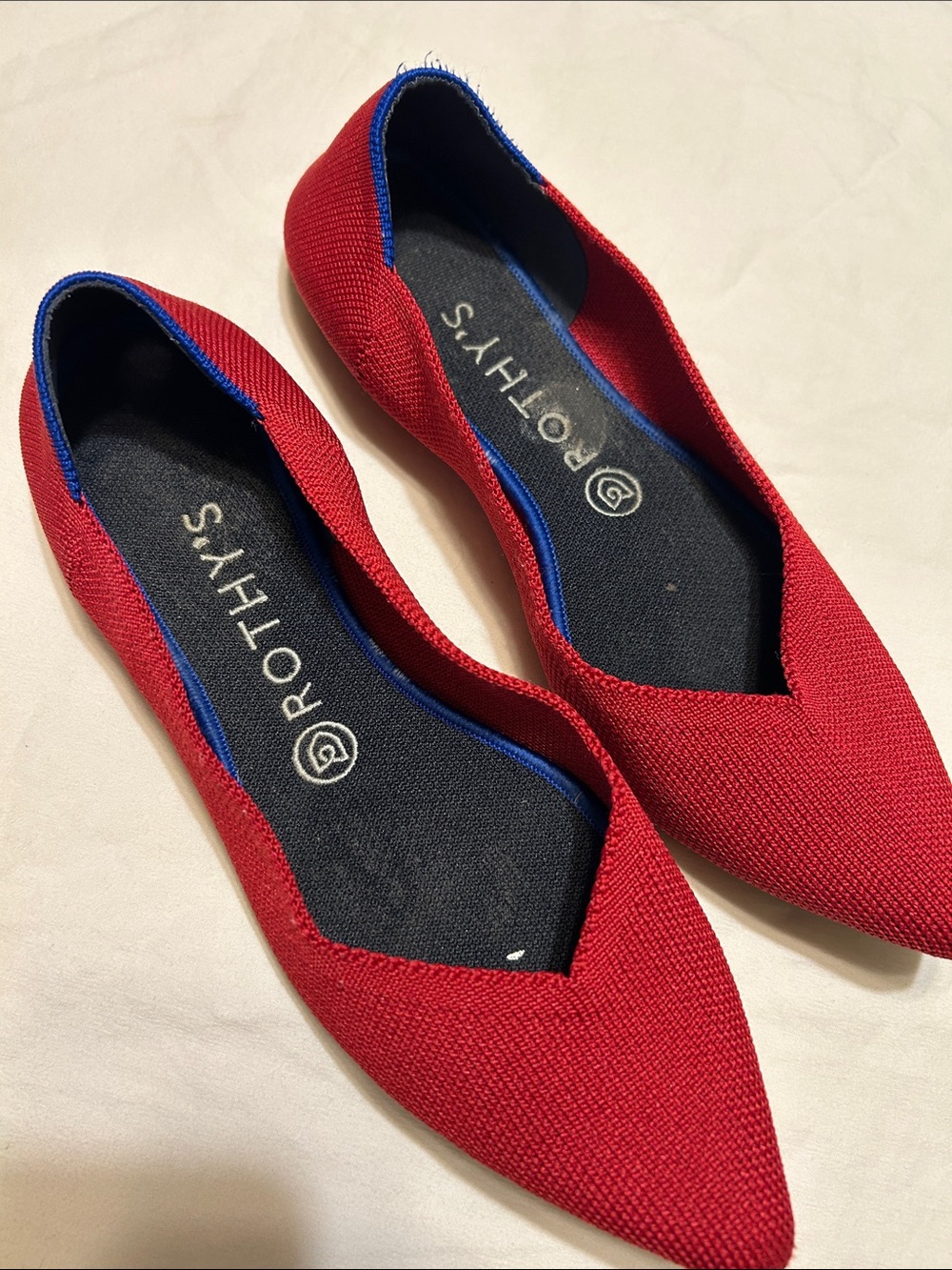 Rothy's Red Pointed-Toe Flats with Blue Trim